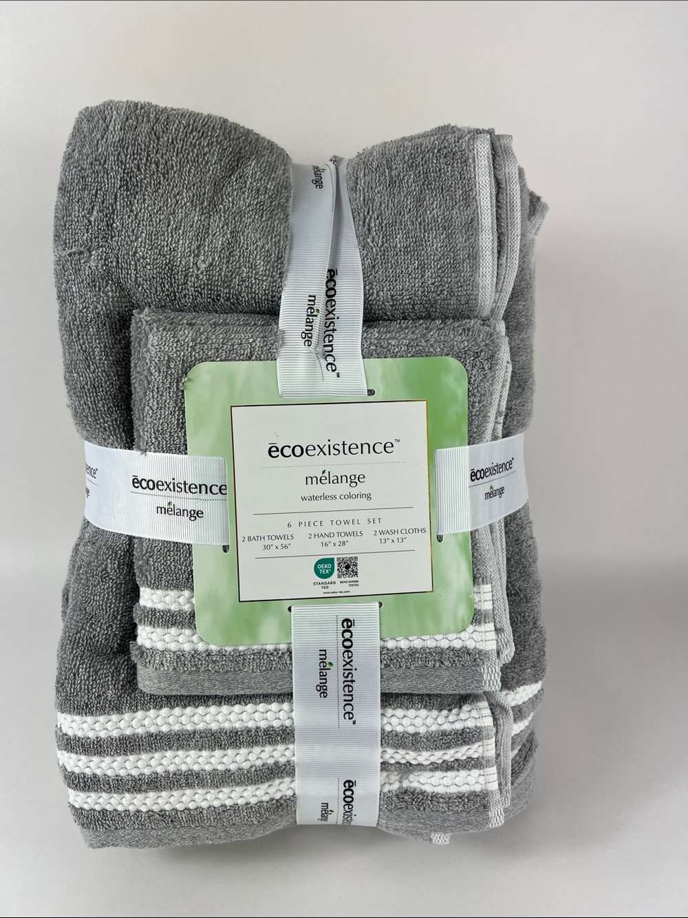 Ecoexistence Bath Towel Set Mélange Gray and White Soft Cotton 6-Piece Set NEW